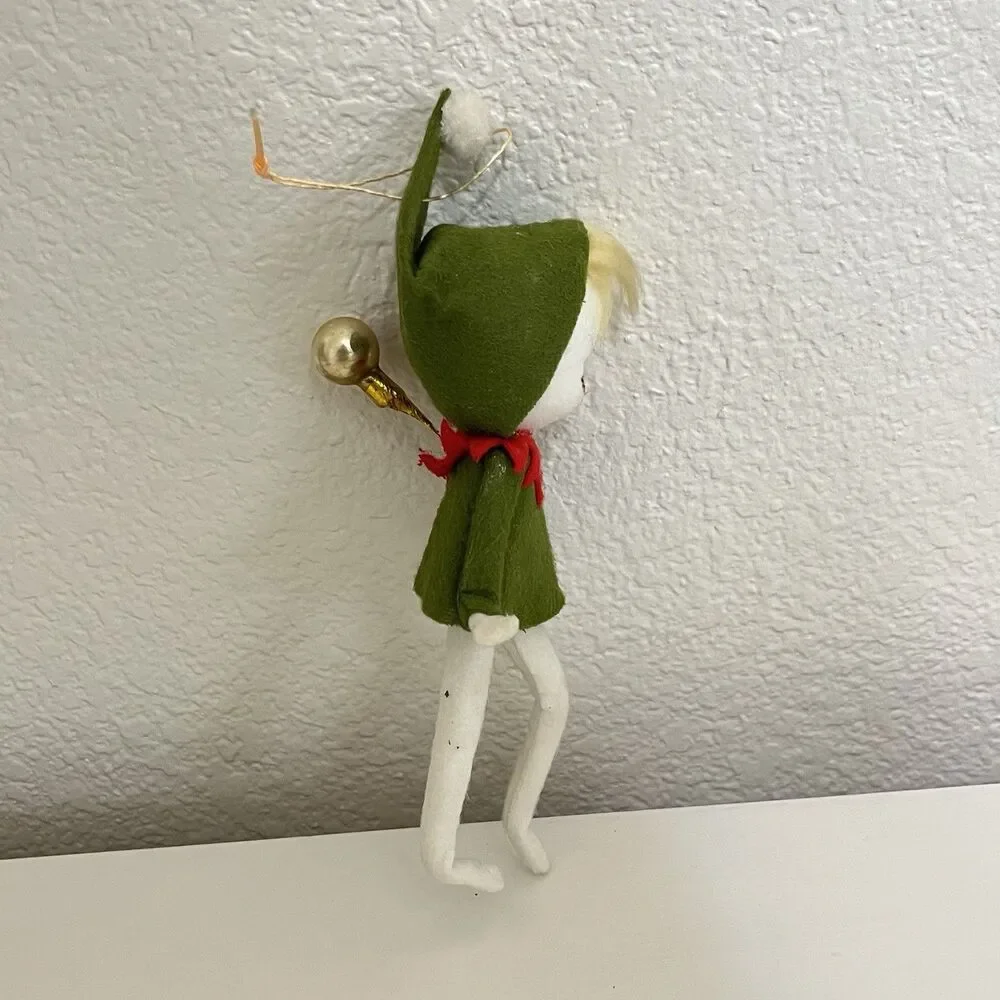 Vintage Flocked Felt Snow Baby Elf Christmas Ornaments Holding Balloons Lot of 2